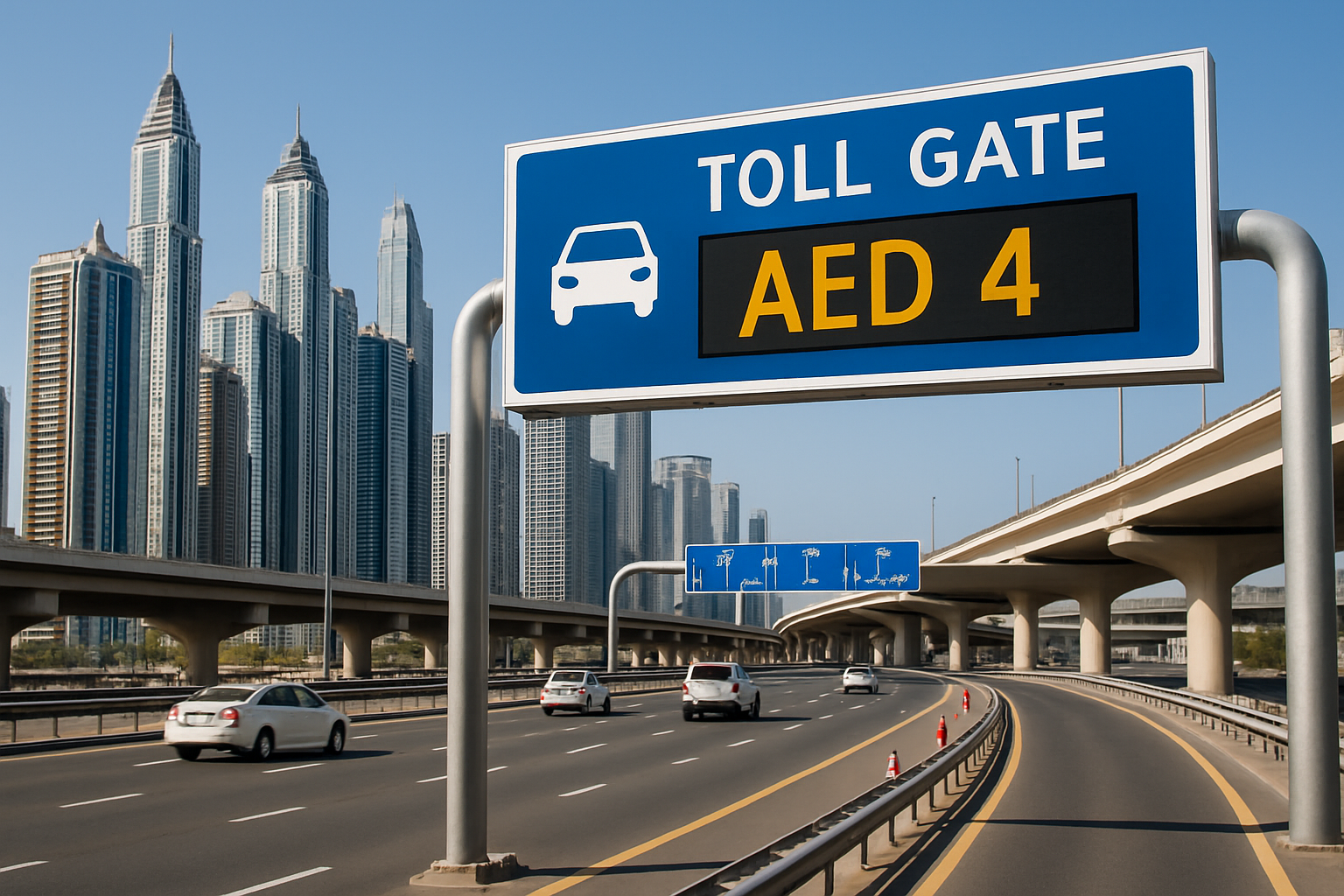 Modern road infrastructure in Dubai with electronic toll signage