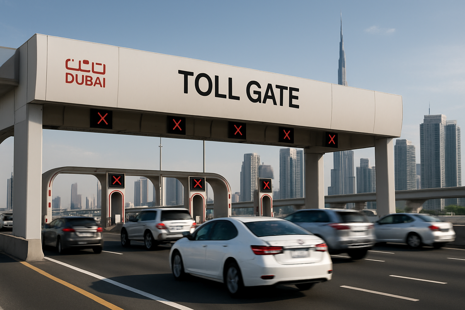 Toll gate on a Dubai highway with cars passing through